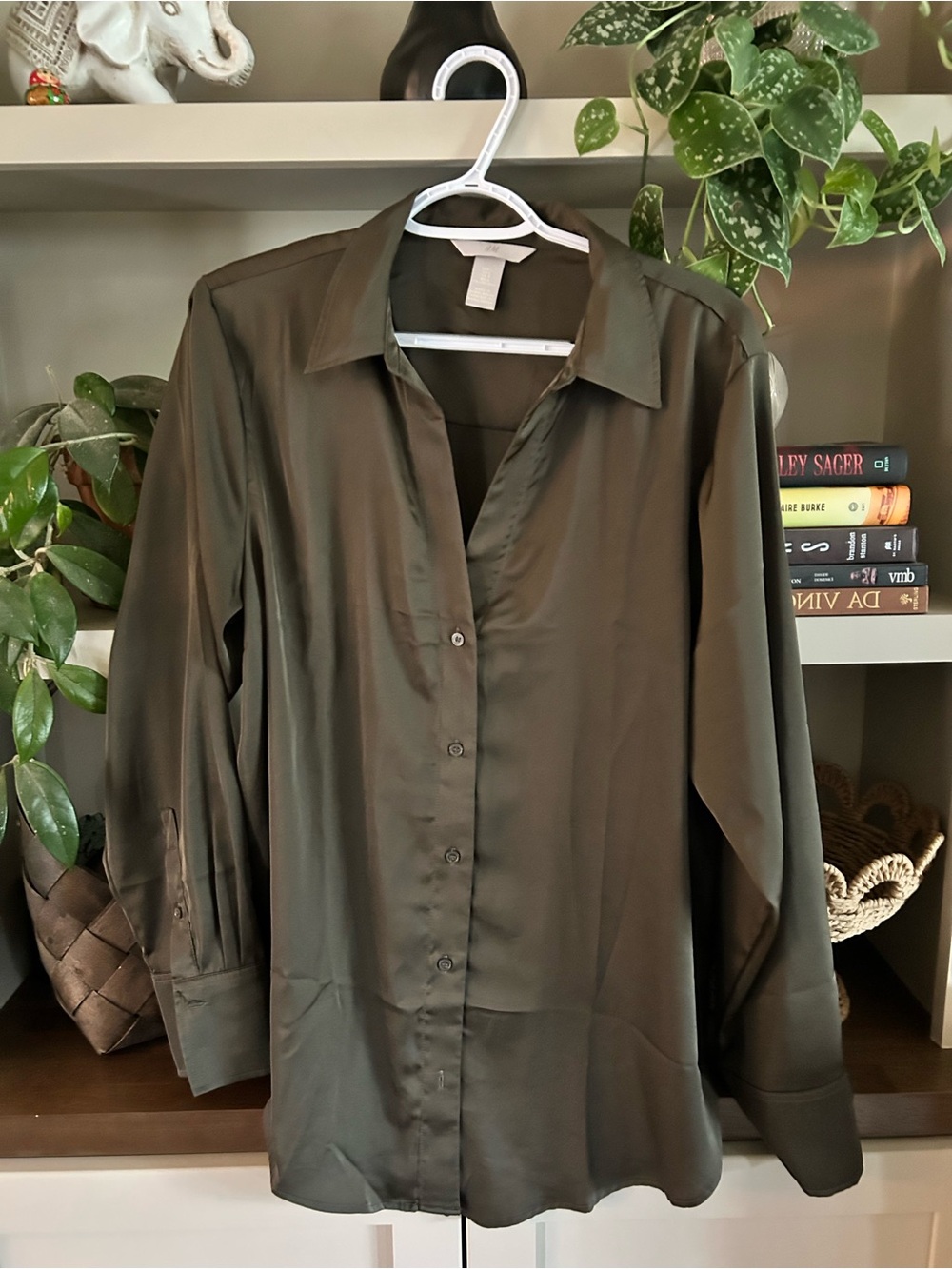 H&M Olive Satin Button-Down Blouse